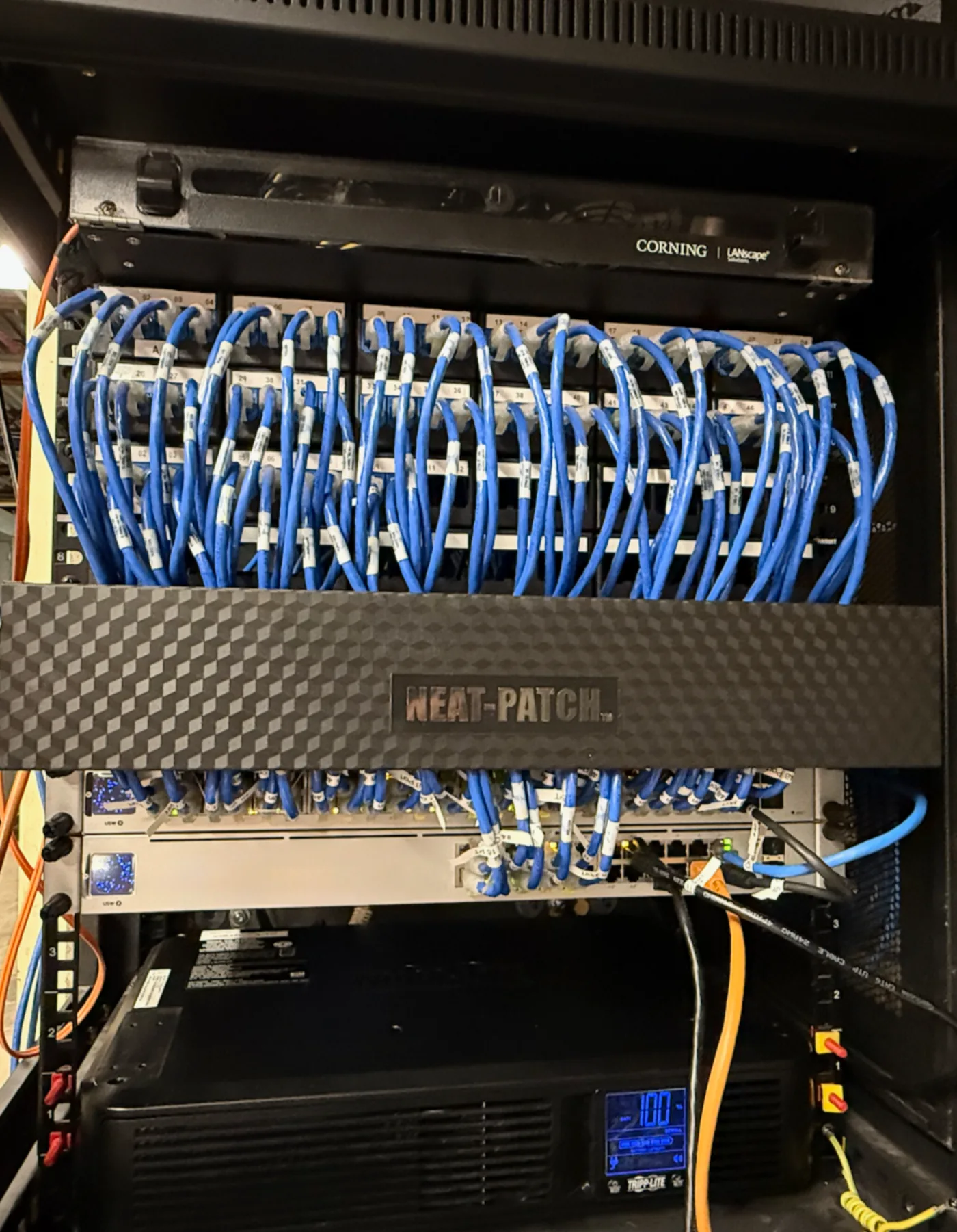 After: cleaner organized business network rack with improved cable management